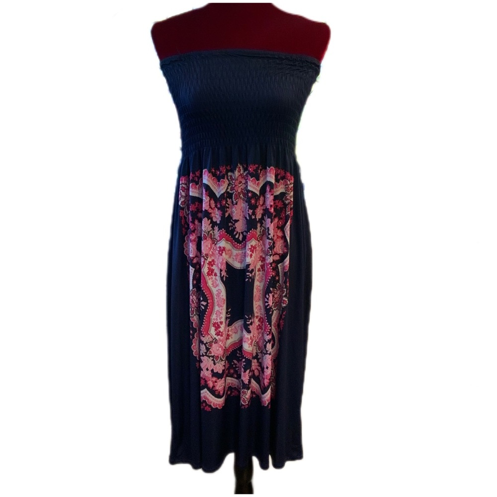 Christin love strapless paisley and navy blue dress, size M/L